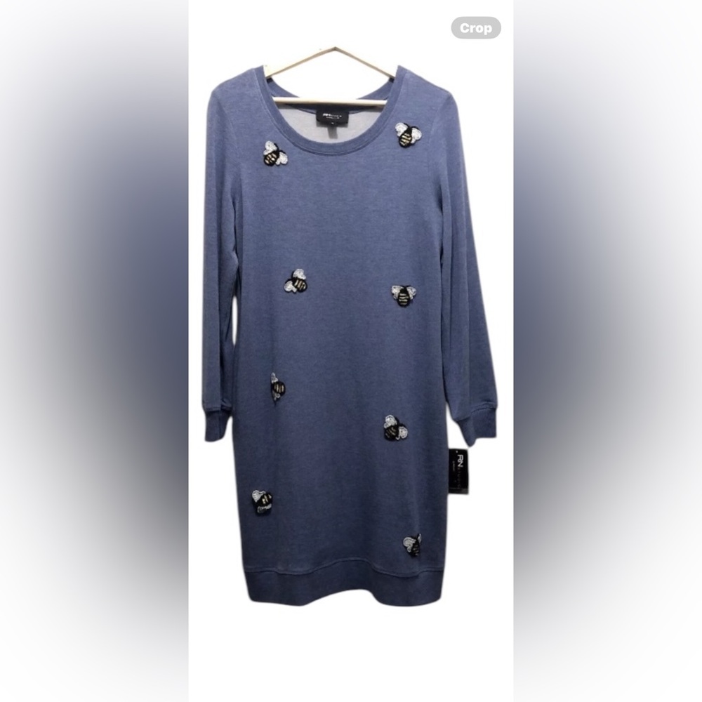 Long Sleeve Beaded Bee Soft Blue Oversized  Sweater Dress Size XL With Pockets